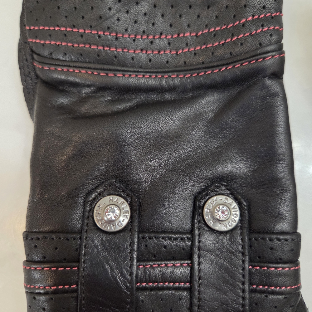 Black Leather Motocycle Gloves with Pink Stitching Size L - Picture 4 of 4